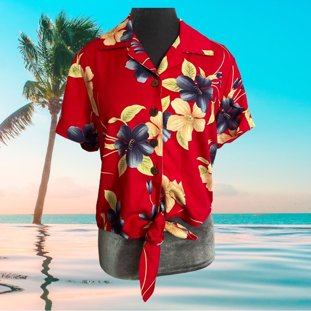 Caribbean Joe tropical Hawaiian button down tie at waist casual cool blouse